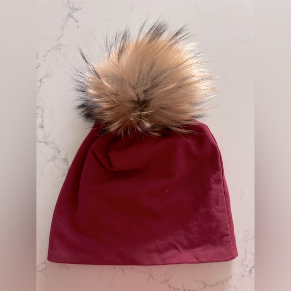 BH Maroon/Burgundy Beanie with Multicolor Tan Real Rabbit Fur Pom Pom - Picture 4 of 5